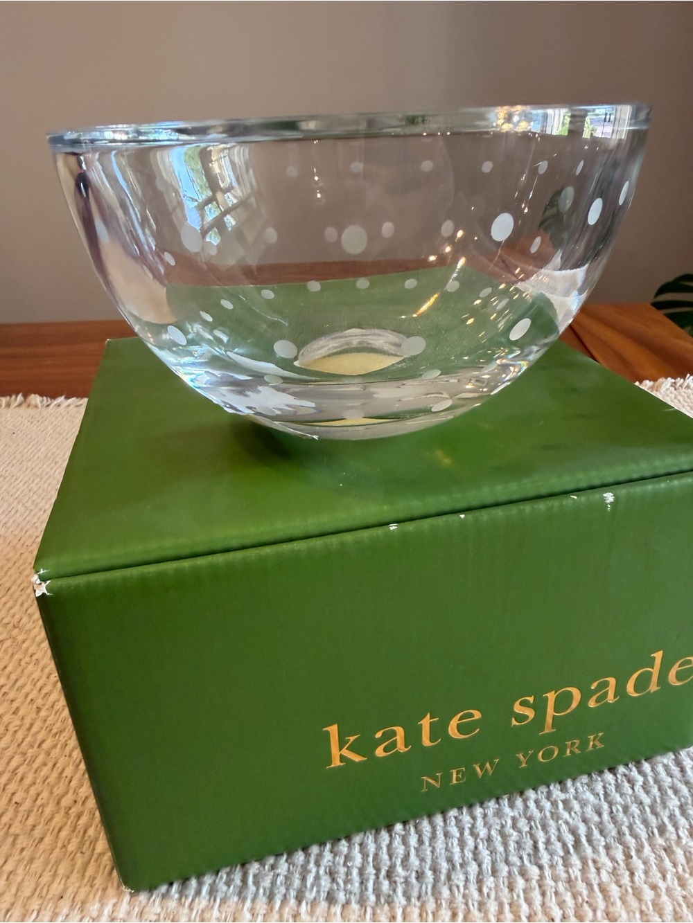 kate spade NWT Larabee Dot 6” Crystal Bowl with White Polka Dots